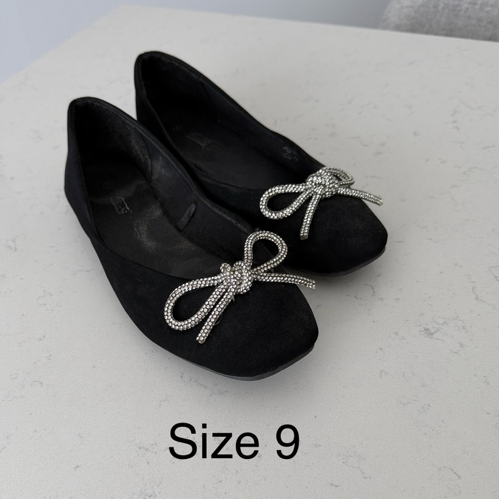 Ardene Black Flats with Silver Bow